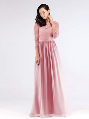 Color=Pink | Long Bridesmaid Dress With Lace Long Sleeve Bodice-Pink 1