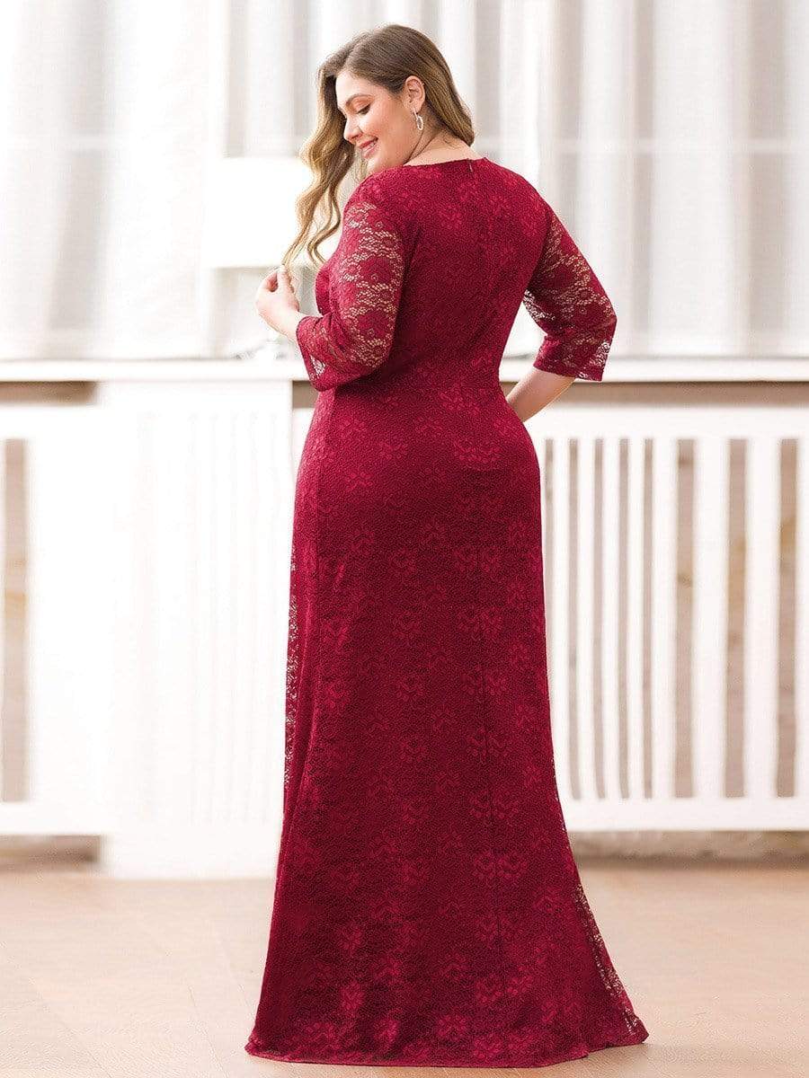 Color=Burgundy | Plus Size Half Sleeve Lace Evening Dress With V Neck-Burgundy 2