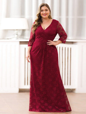Color=Burgundy | Half Sleeve Lace Evening Dress With V Neck-Burgundy 5