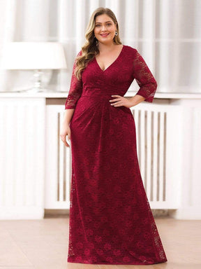 Color=Burgundy | Plus Size Half Sleeve Lace Evening Dress With V Neck-Burgundy 4