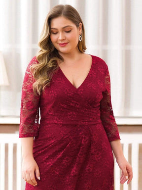 Color=Burgundy | Plus Size Half Sleeve Lace Evening Dress With V Neck-Burgundy 5