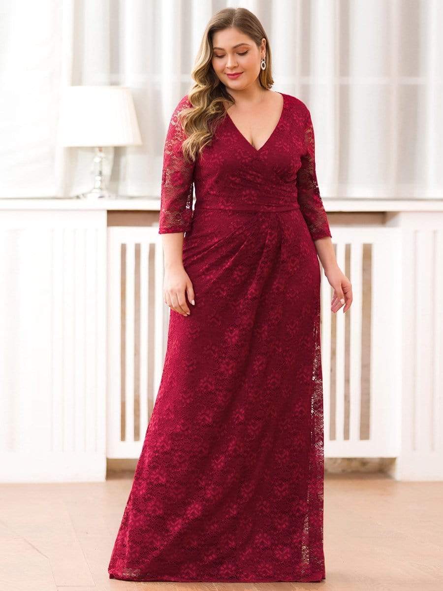 Color=Burgundy | Plus Size Half Sleeve Lace Evening Dress With V Neck-Burgundy 1