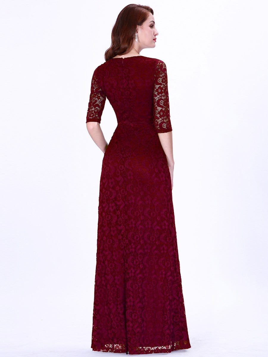 Color=Burgundy | Half Sleeve Lace Evening Dress With V Neck-Burgundy 2