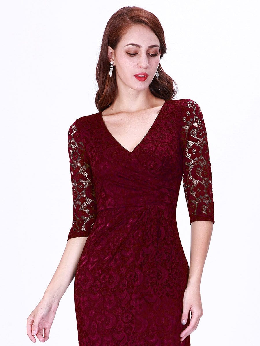 Color=Burgundy | Half Sleeve Lace Evening Dress With V Neck-Burgundy 3