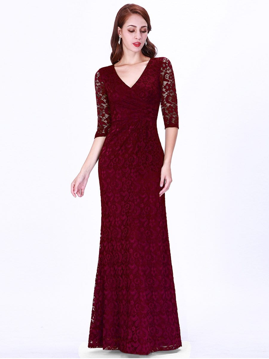 Color=Burgundy | Half Sleeve Lace Evening Dress With V Neck-Burgundy 1