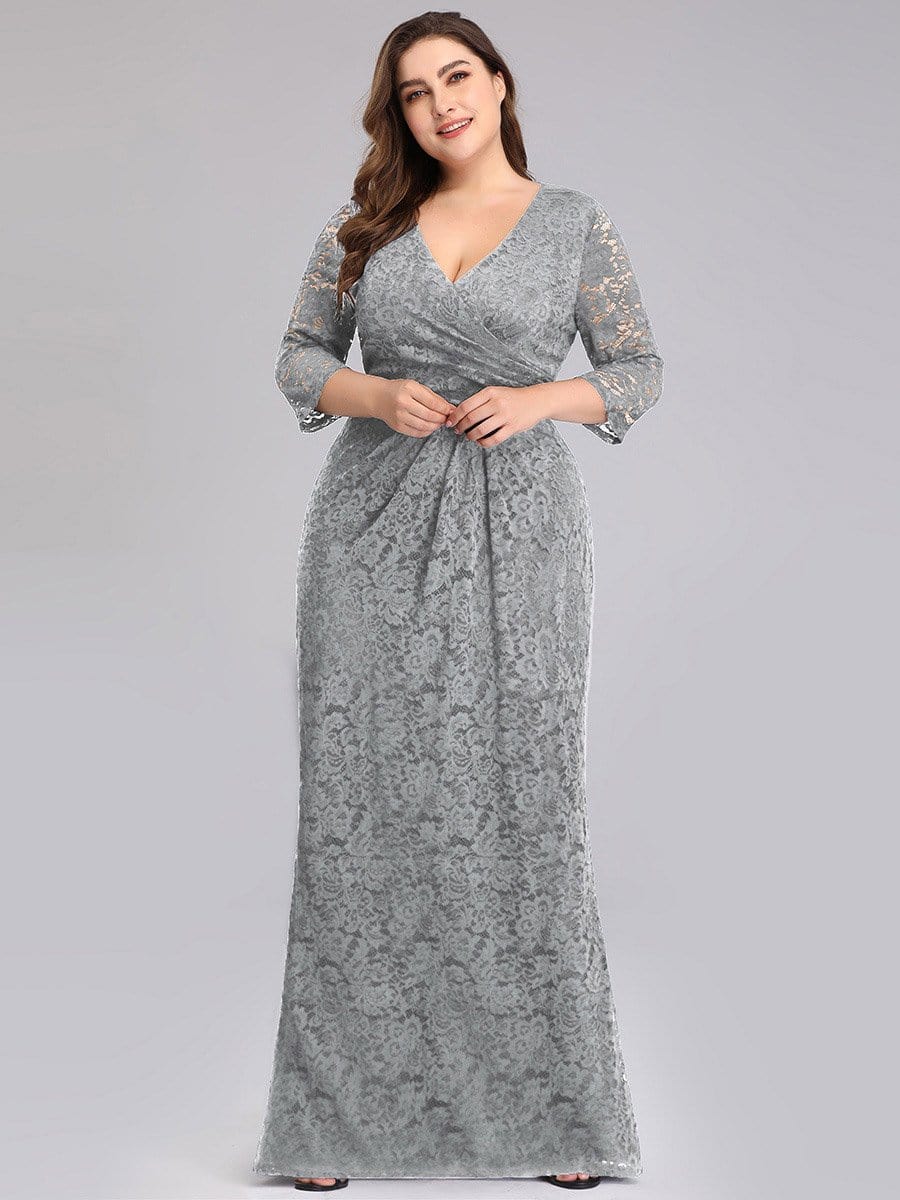 Color=Grey | Half Sleeve Lace Evening Dress With V Neck-Grey 5