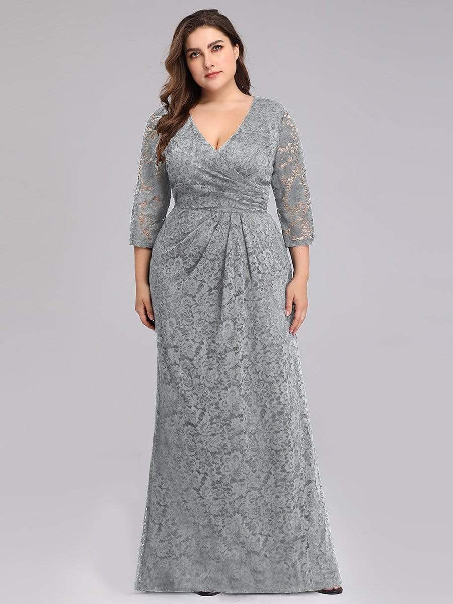 Color=Grey | Plus Size Half Sleeve Lace Evening Dress With V Neck-Grey 4