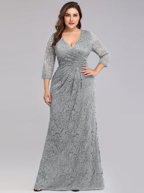 Color=Grey | Half Sleeve Lace Evening Dress With V Neck-Grey 4