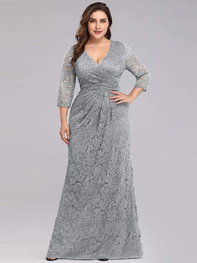 Color=Grey | Plus Size Half Sleeve Lace Evening Dress With V Neck-Grey 1