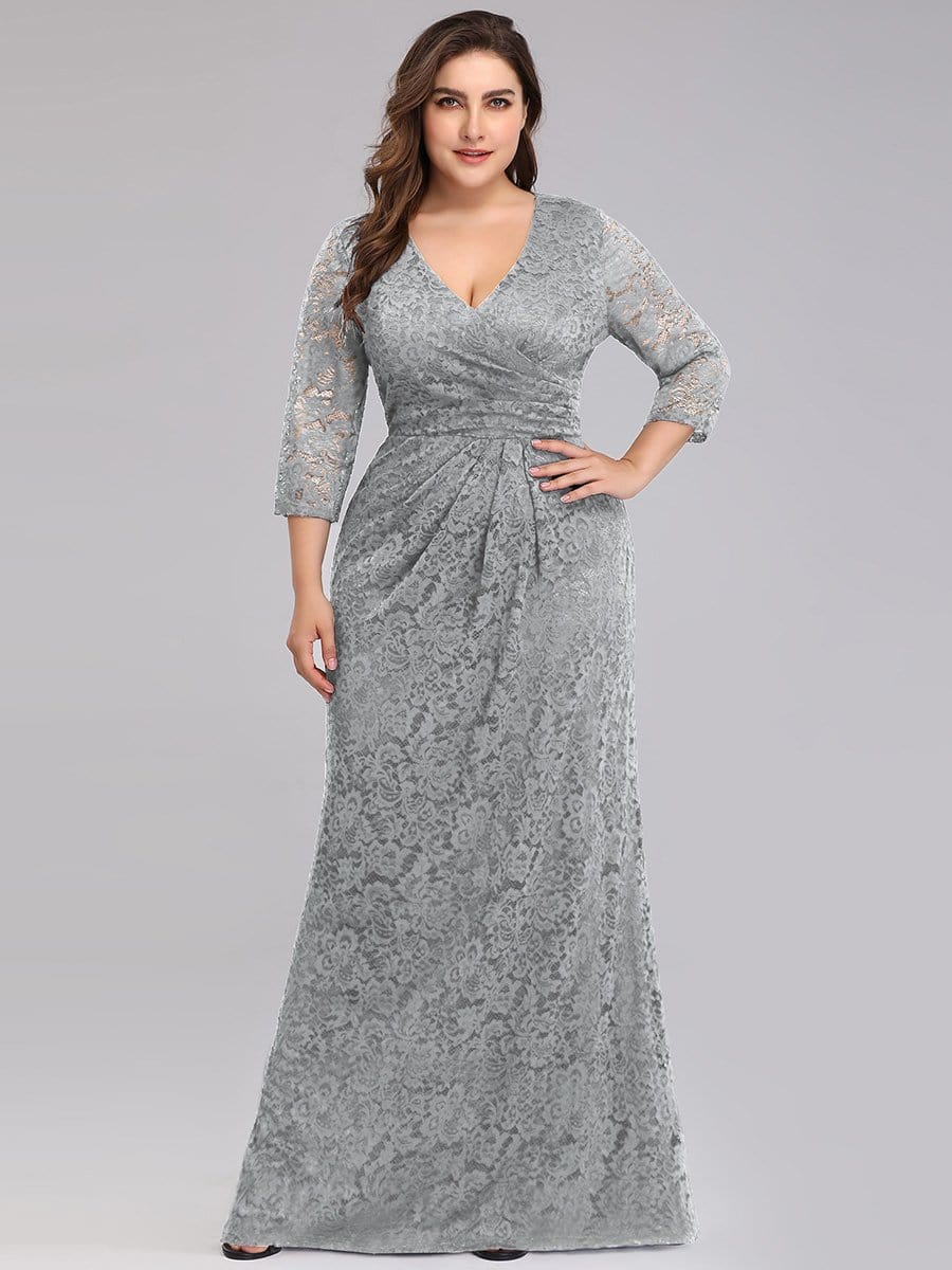 Color=Grey | Half Sleeve Lace Evening Dress With V Neck-Grey 4
