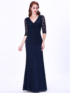 Color=Navy Blue | Half Sleeve Lace Evening Dress With V Neck-Navy Blue 1
