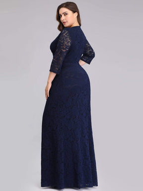 Color=Navy Blue | Plus Size Half Sleeve Lace Evening Dress With V Neck-Navy Blue 2