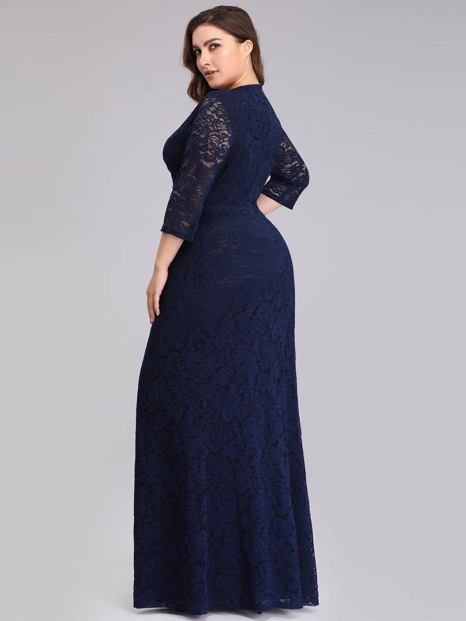 Color=Navy Blue | Half Sleeve Lace Evening Dress With V Neck-Navy Blue 4