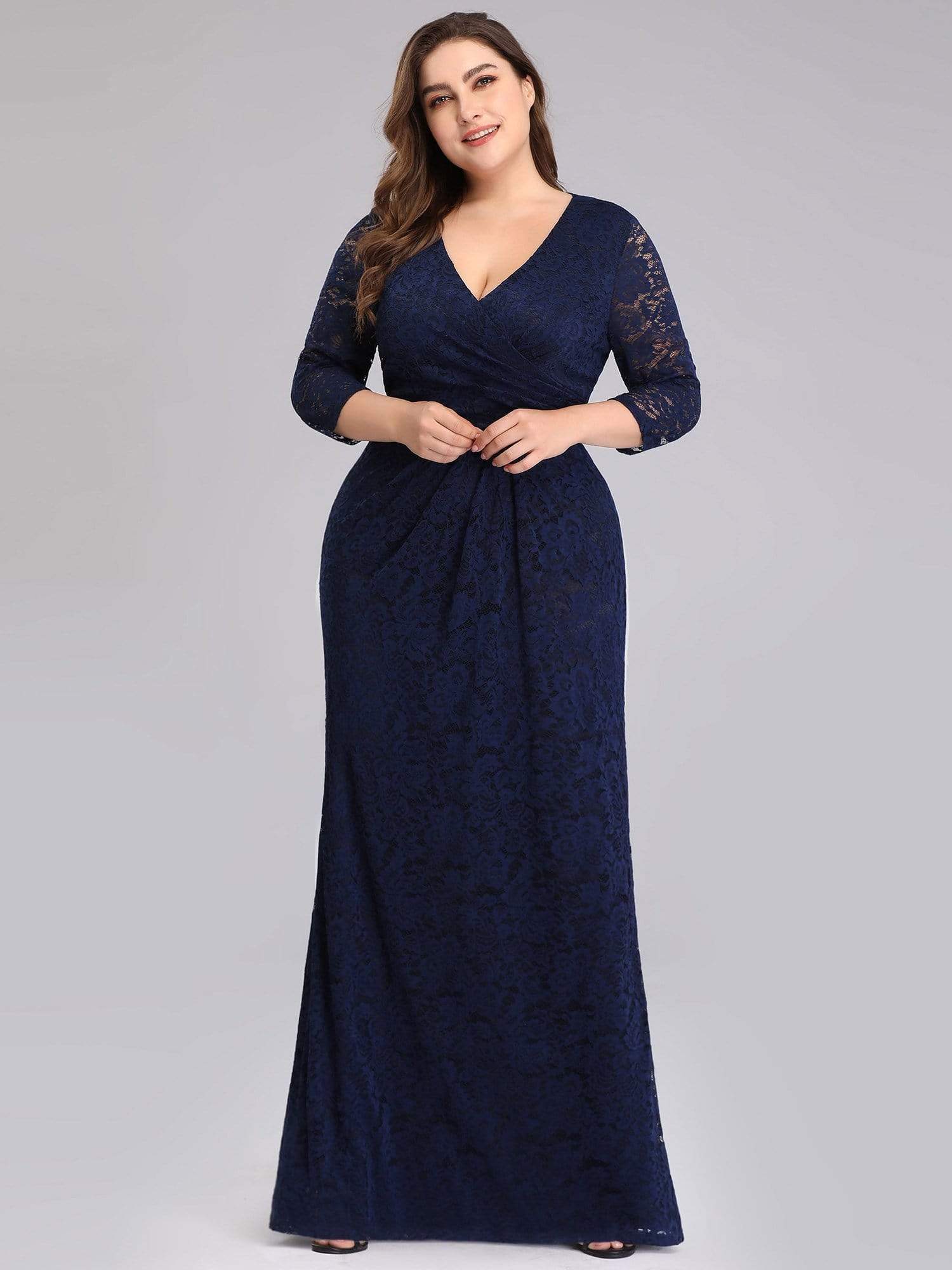 Color=Navy Blue | Plus Size Half Sleeve Lace Evening Dress With V Neck-Navy Blue 3
