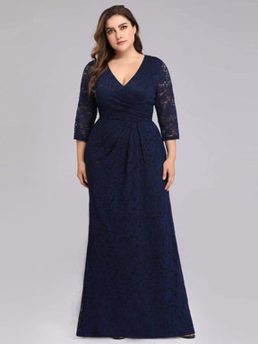 Color=Navy Blue | Plus Size Half Sleeve Lace Evening Dress With V Neck-Navy Blue 4
