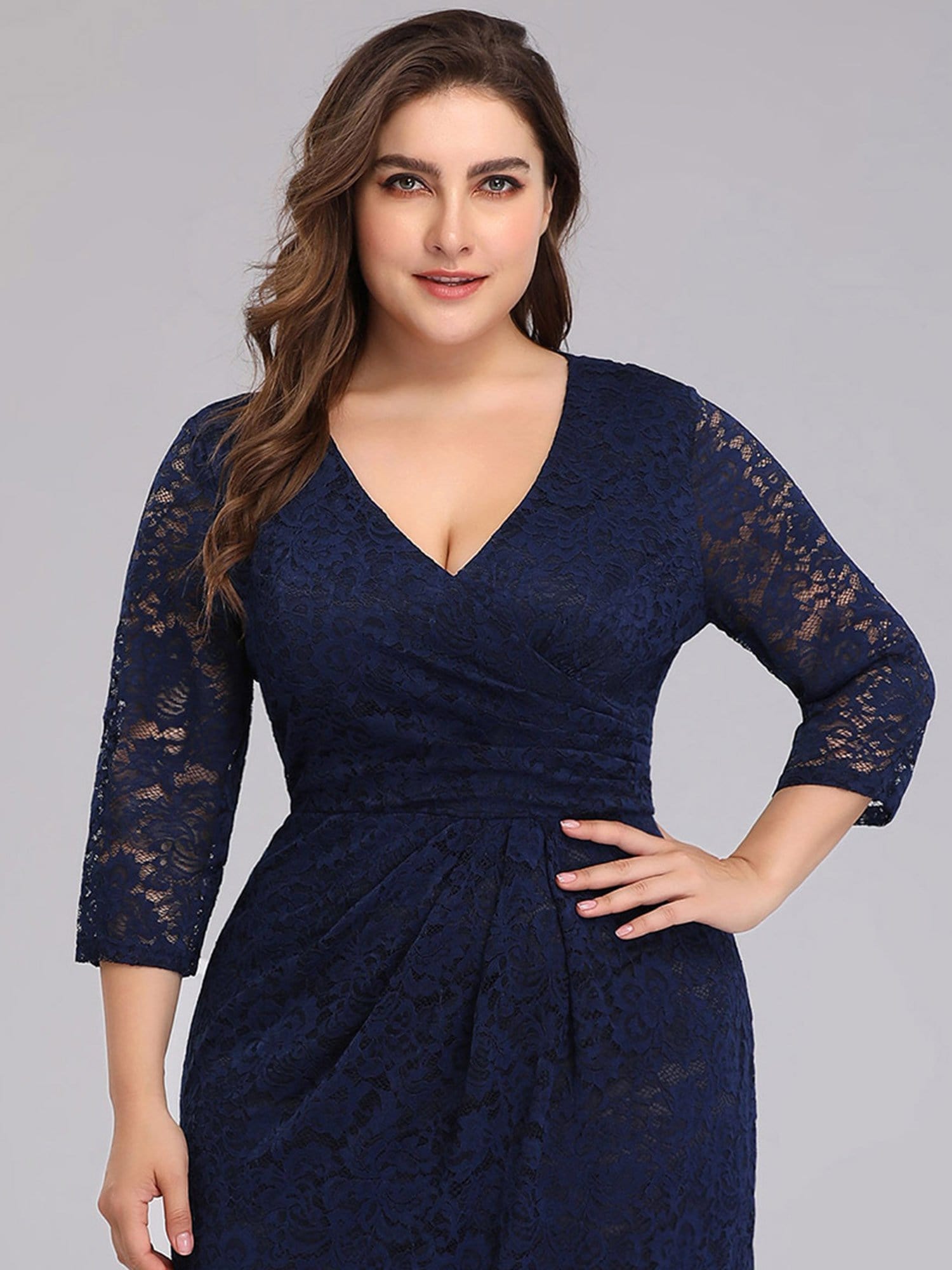 Color=Navy Blue | Half Sleeve Lace Evening Dress With V Neck-Navy Blue 5