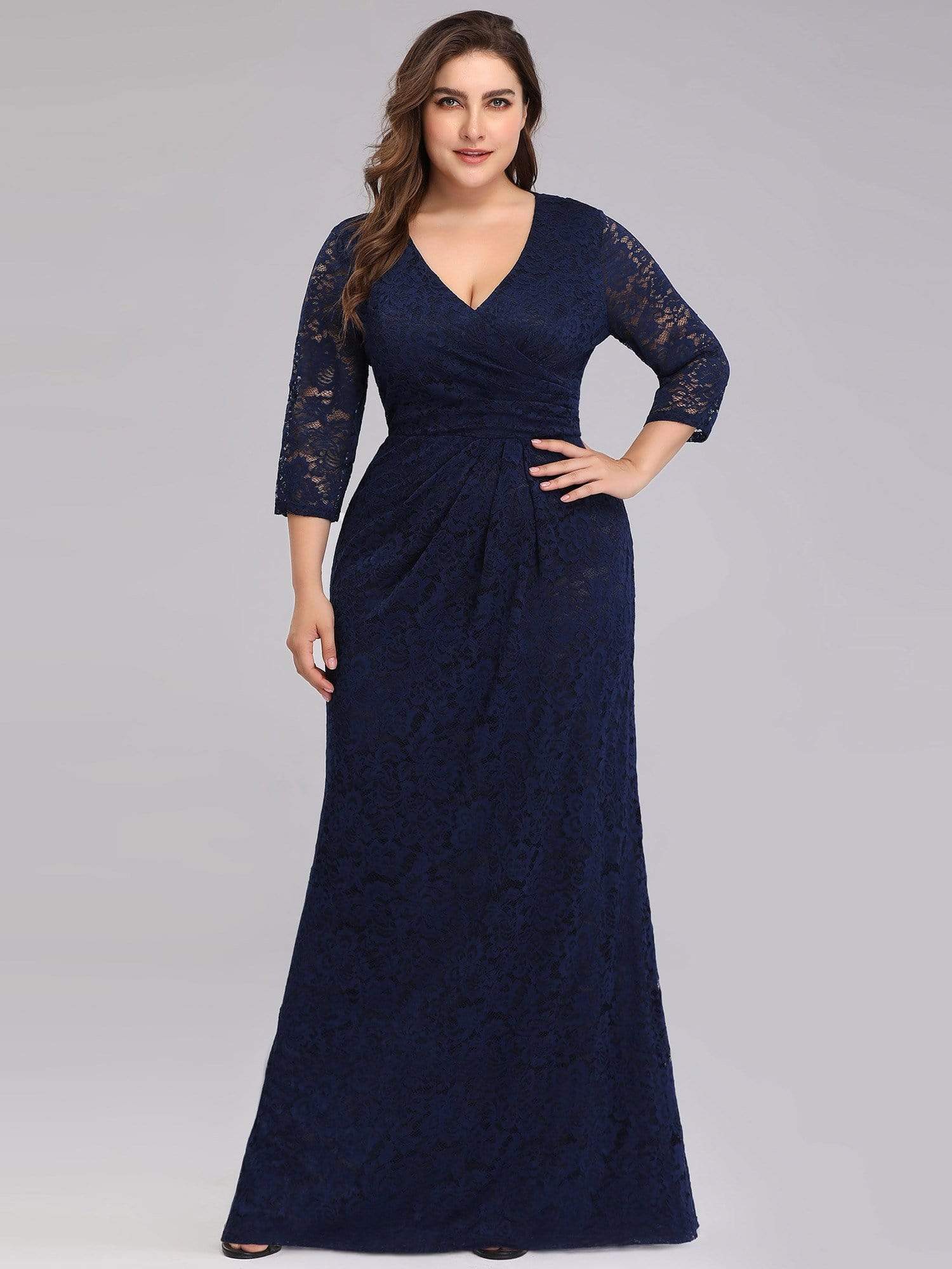 Color=Navy Blue | Plus Size Half Sleeve Lace Evening Dress With V Neck-Navy Blue 1