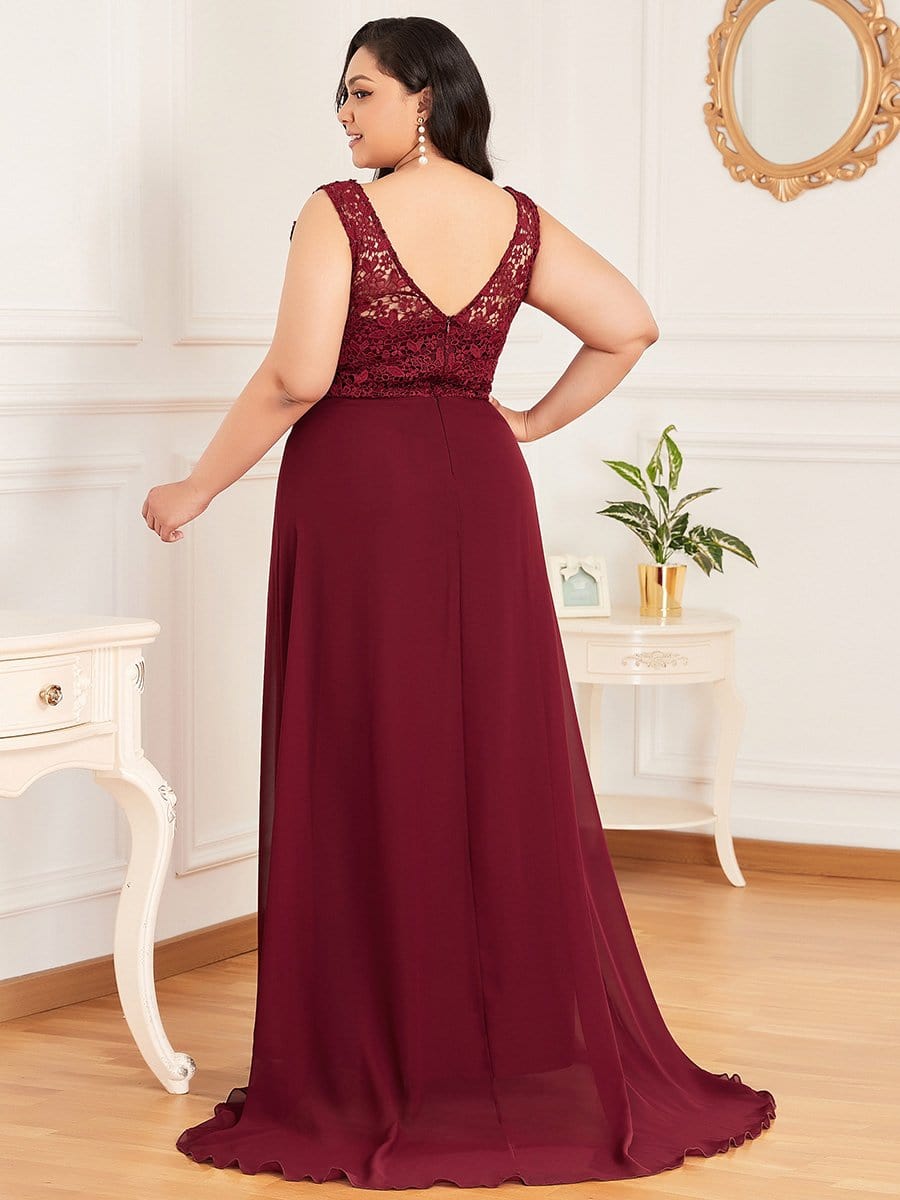 Color=Burgundy | Plus Size Floor Length Vintage Lace Wedding Dresses for Women-Burgundy 2