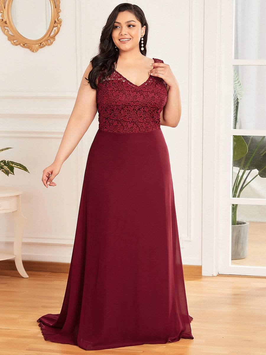 Color=Burgundy | Plus Size Floor Length Vintage Lace Wedding Dresses for Women-Burgundy 5