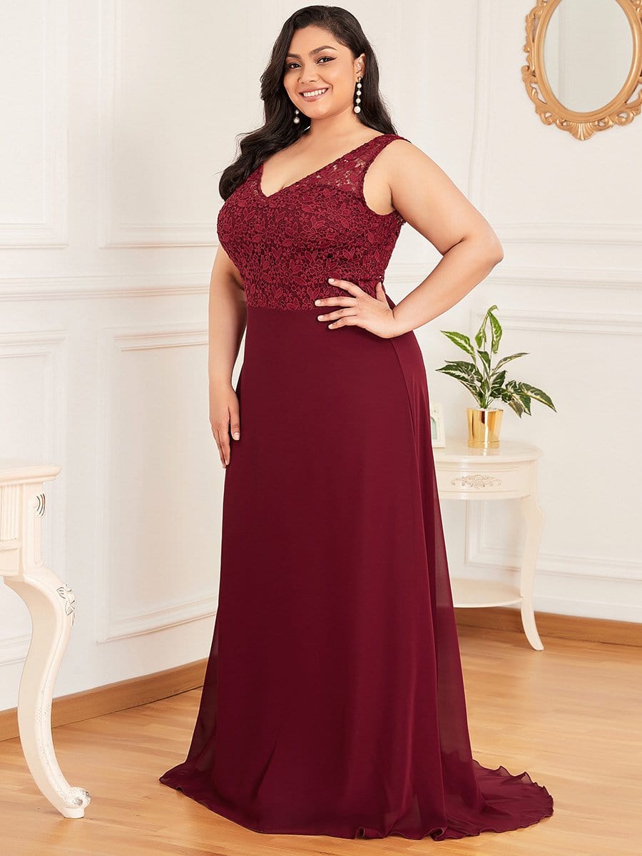 Color=Burgundy | Plus Size Floor Length Vintage Lace Wedding Dresses for Women-Burgundy 3