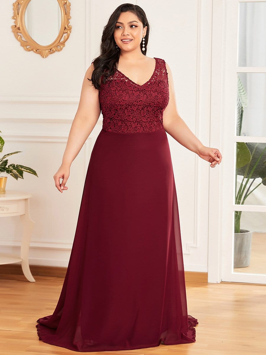 Color=Burgundy | Plus Size Floor Length Vintage Lace Wedding Dresses for Women-Burgundy 1