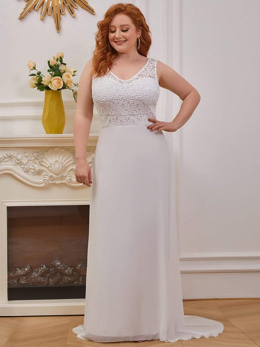 Color=Cream | Plus Size Floor Length Vintage Lace Wedding Dresses for Women-Cream 1