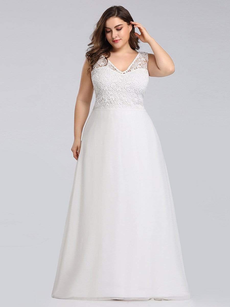 Color=Cream | Plus Size Floor Length Vintage Lace Wedding Dresses for Women-Cream 4