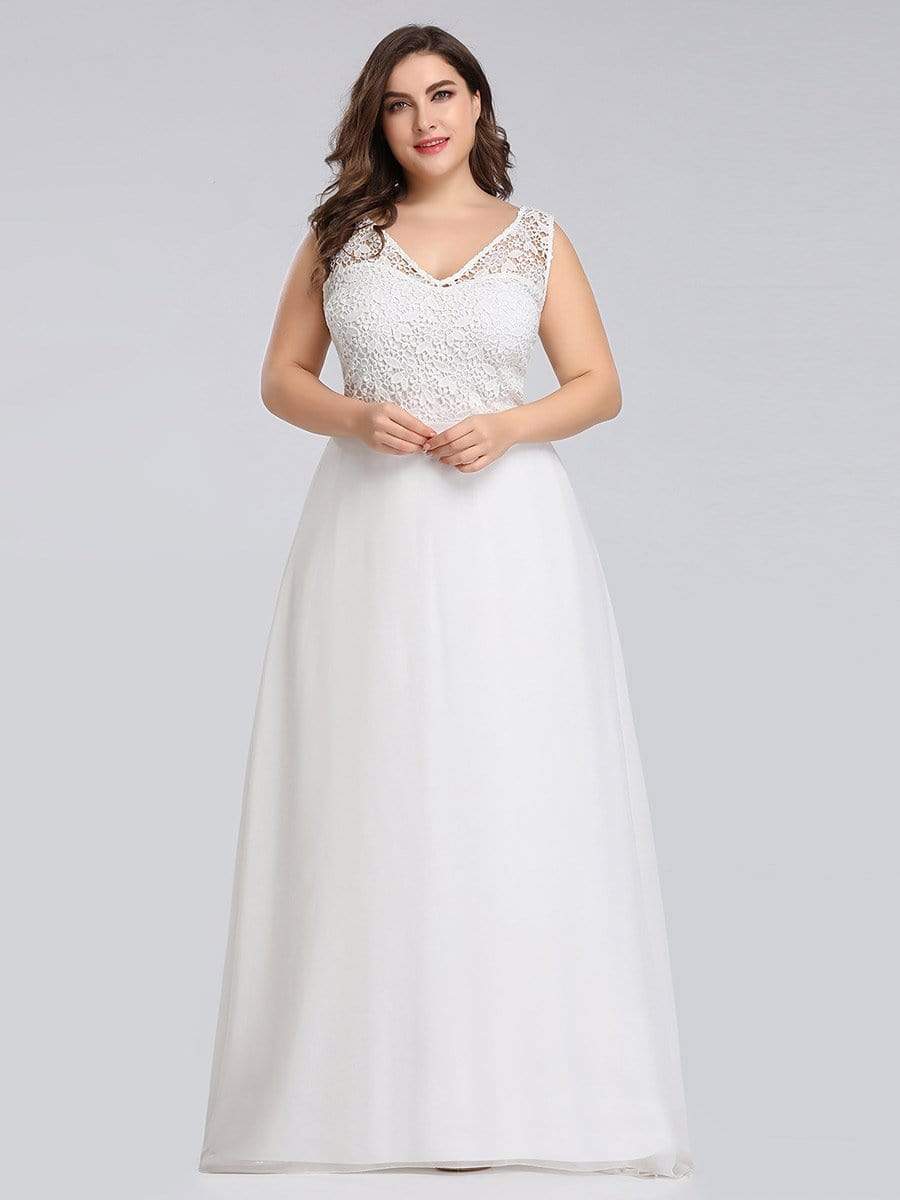 Color=Cream | Plus Size Floor Length Vintage Lace Wedding Dresses for Women-Cream 5