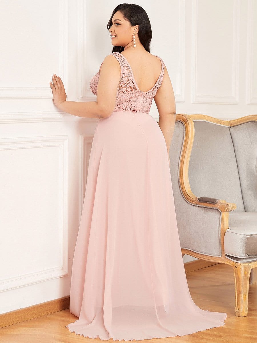 Color=Pink | Plus Size Floor Length Vintage Lace Wedding Dresses for Women-Pink 2