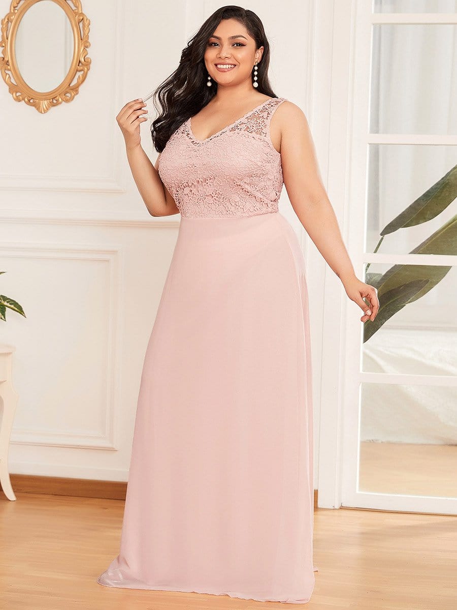 Color=Pink | Plus Size Floor Length Vintage Lace Wedding Dresses for Women-Pink 5