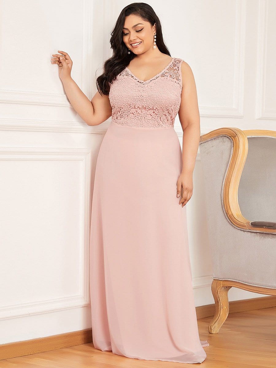Color=Pink | Plus Size Floor Length Vintage Lace Wedding Dresses for Women-Pink 3