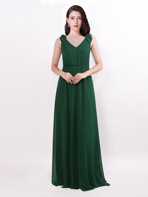 Color=Dark Green | Elegant A Line V Neck Long Chiffon Bridesmaid Dress-Dark Green 1
