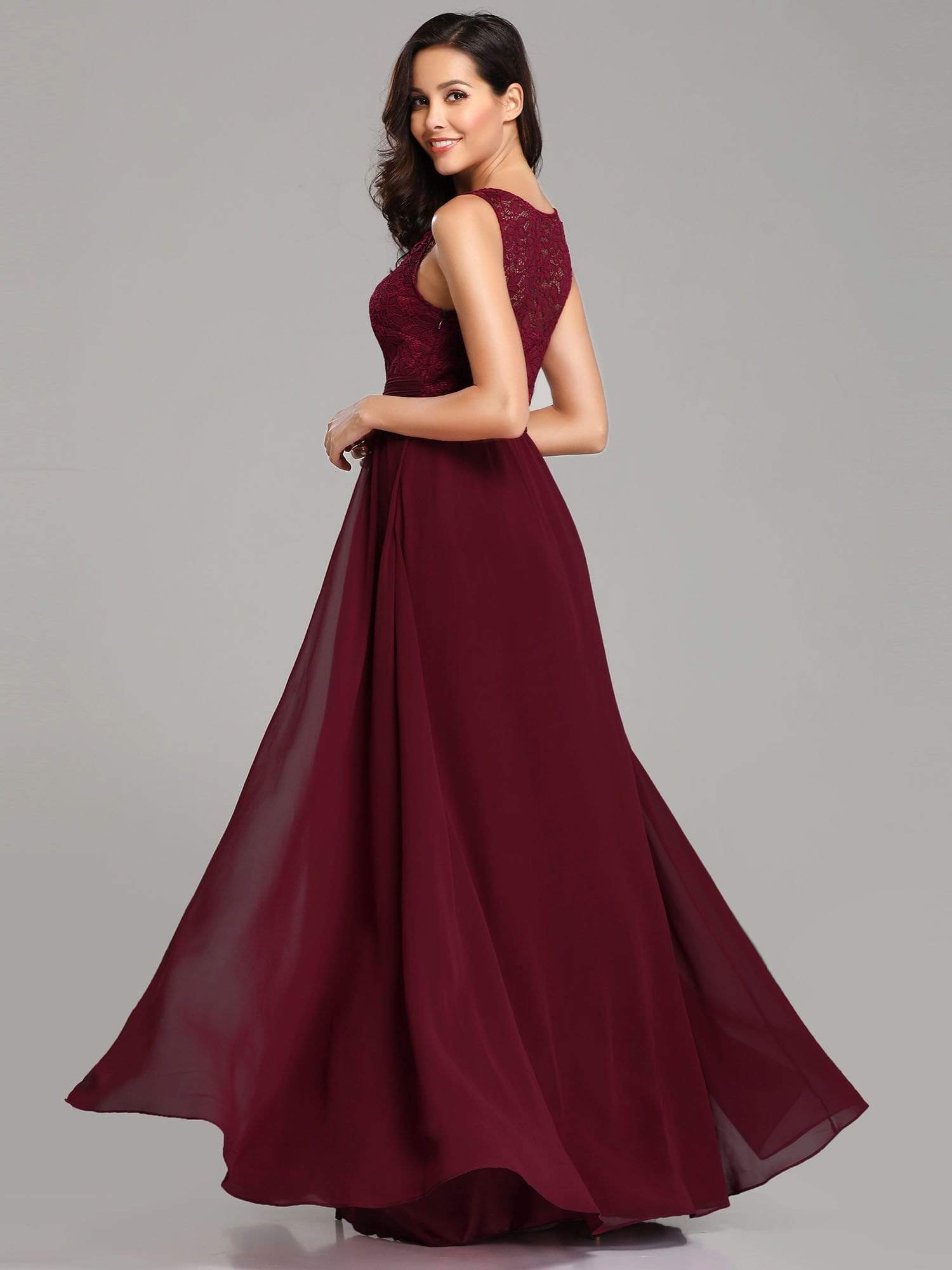 Color=Burgundy | Round Neck Empire Waist Lace Dresses For Women-Burgundy 4