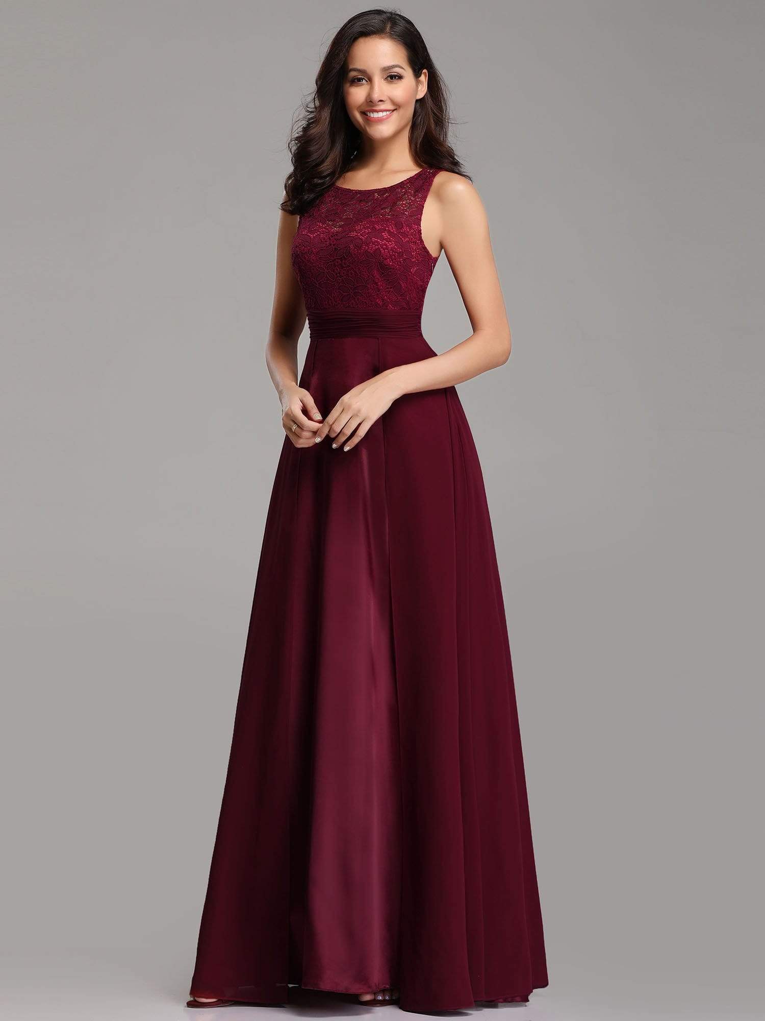 Color=Burgundy | Round Neck Empire Waist Lace Dresses For Women-Burgundy 5