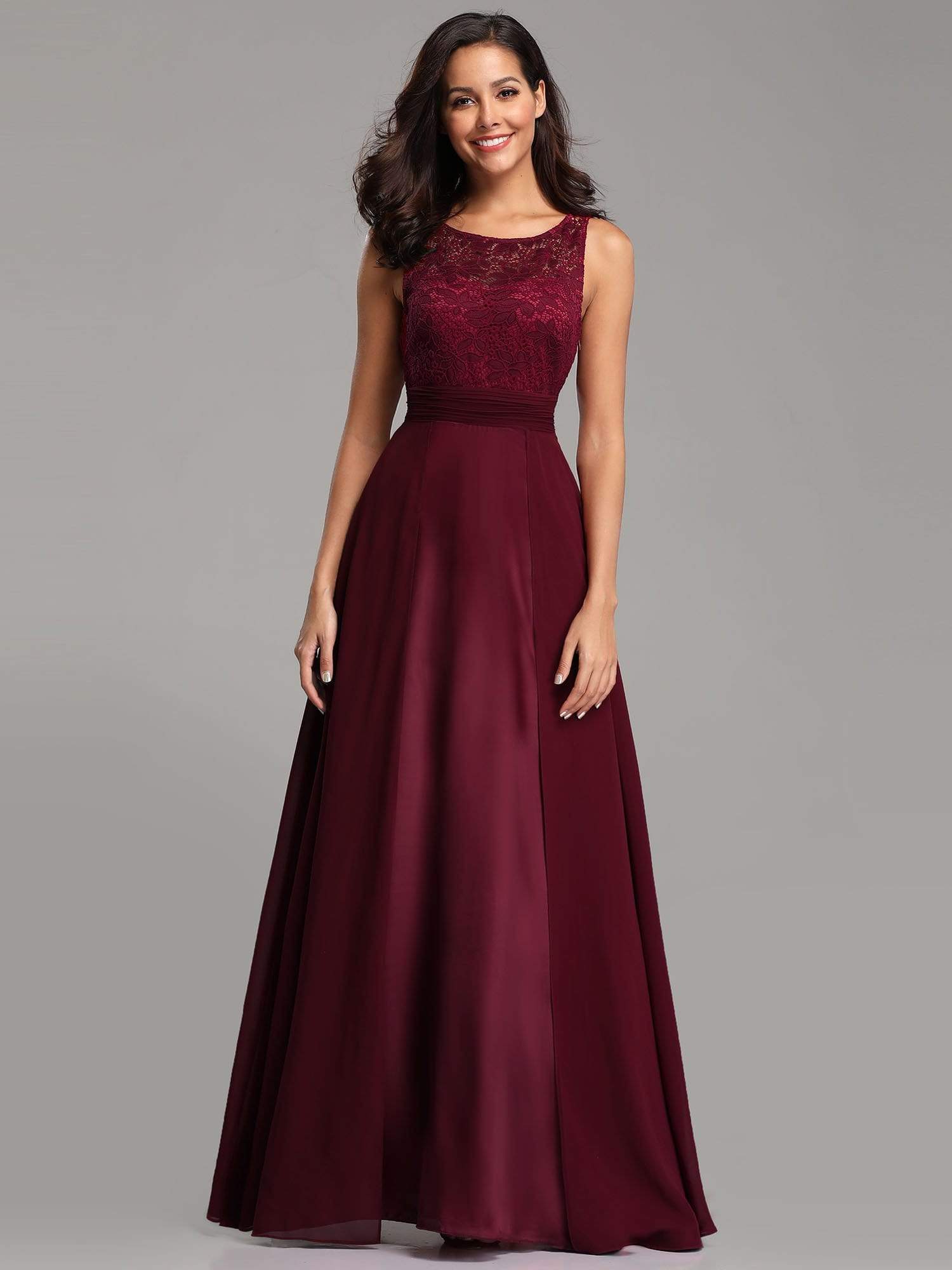 Color=Burgundy | Round Neck Empire Waist Lace Dresses For Women-Burgundy 6