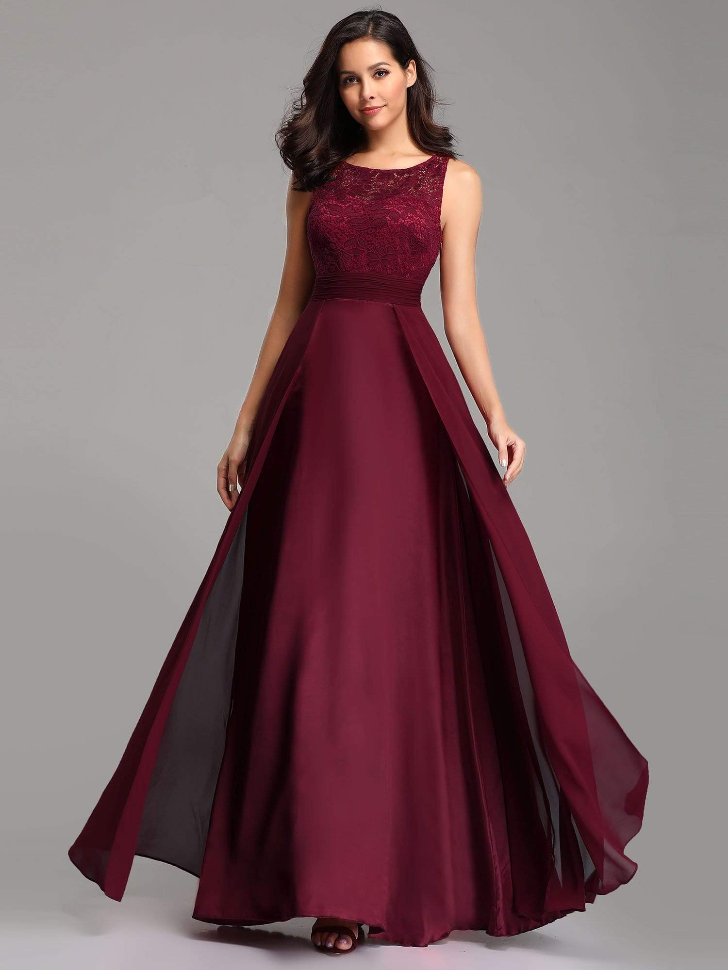 Color=Burgundy | Round Neck Empire Waist Lace Dresses For Women-Burgundy 3