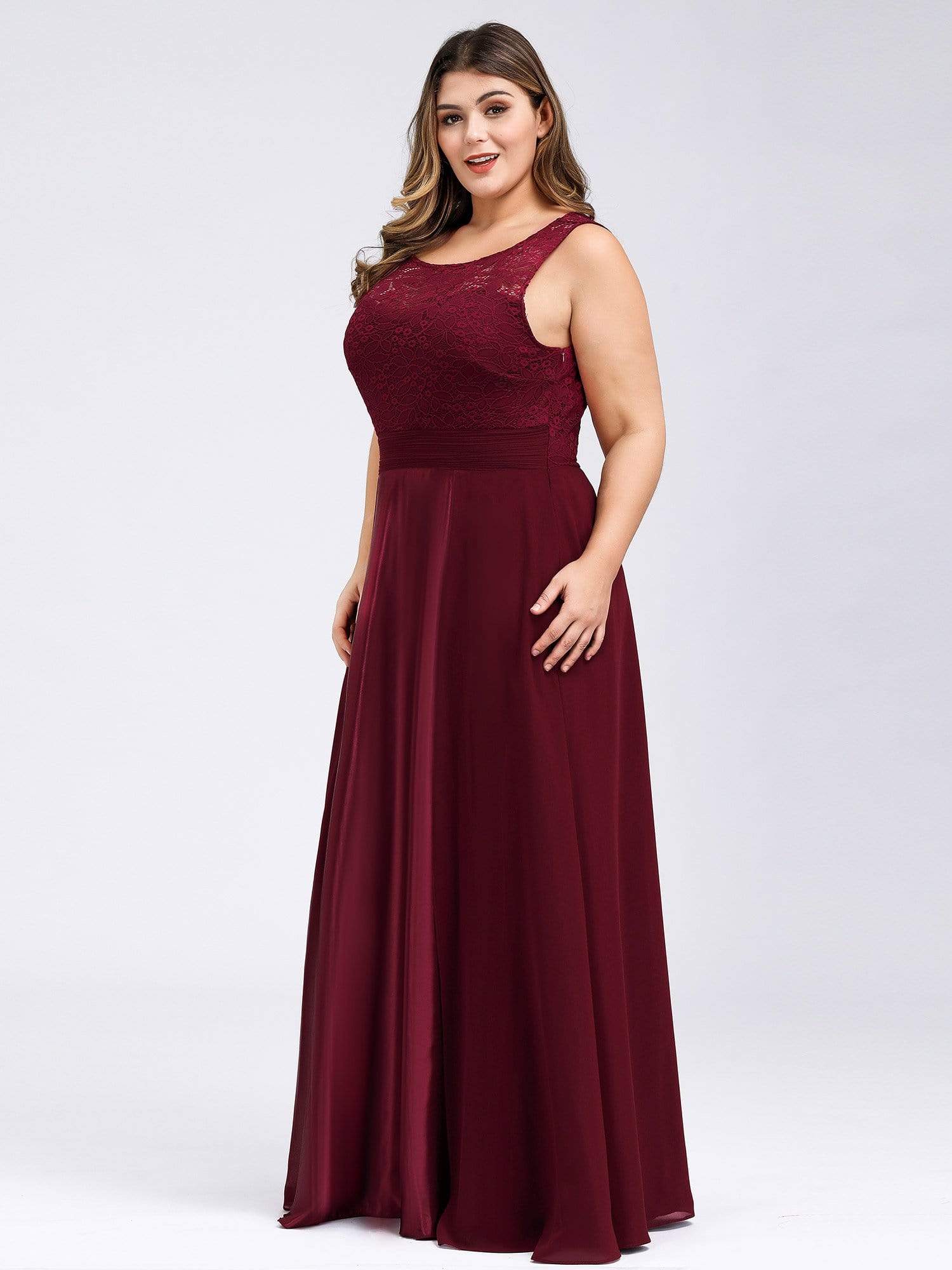 Color=Burgundy | Round Neck Empire Waist Lace Dresses For Women-Burgundy 10