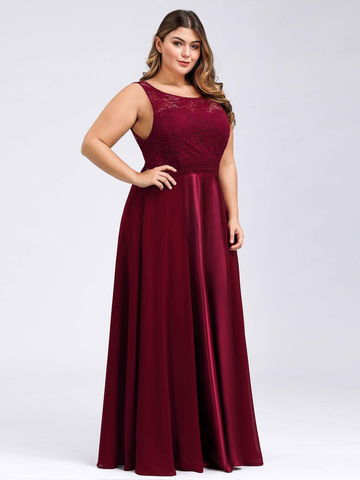 Color=Burgundy | Round Neck Empire Waist Lace Dresses For Women-Burgundy 11