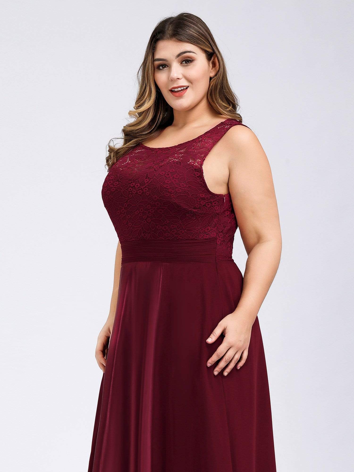 Color=Burgundy | Round Neck Empire Waist Lace Dresses For Women-Burgundy 12