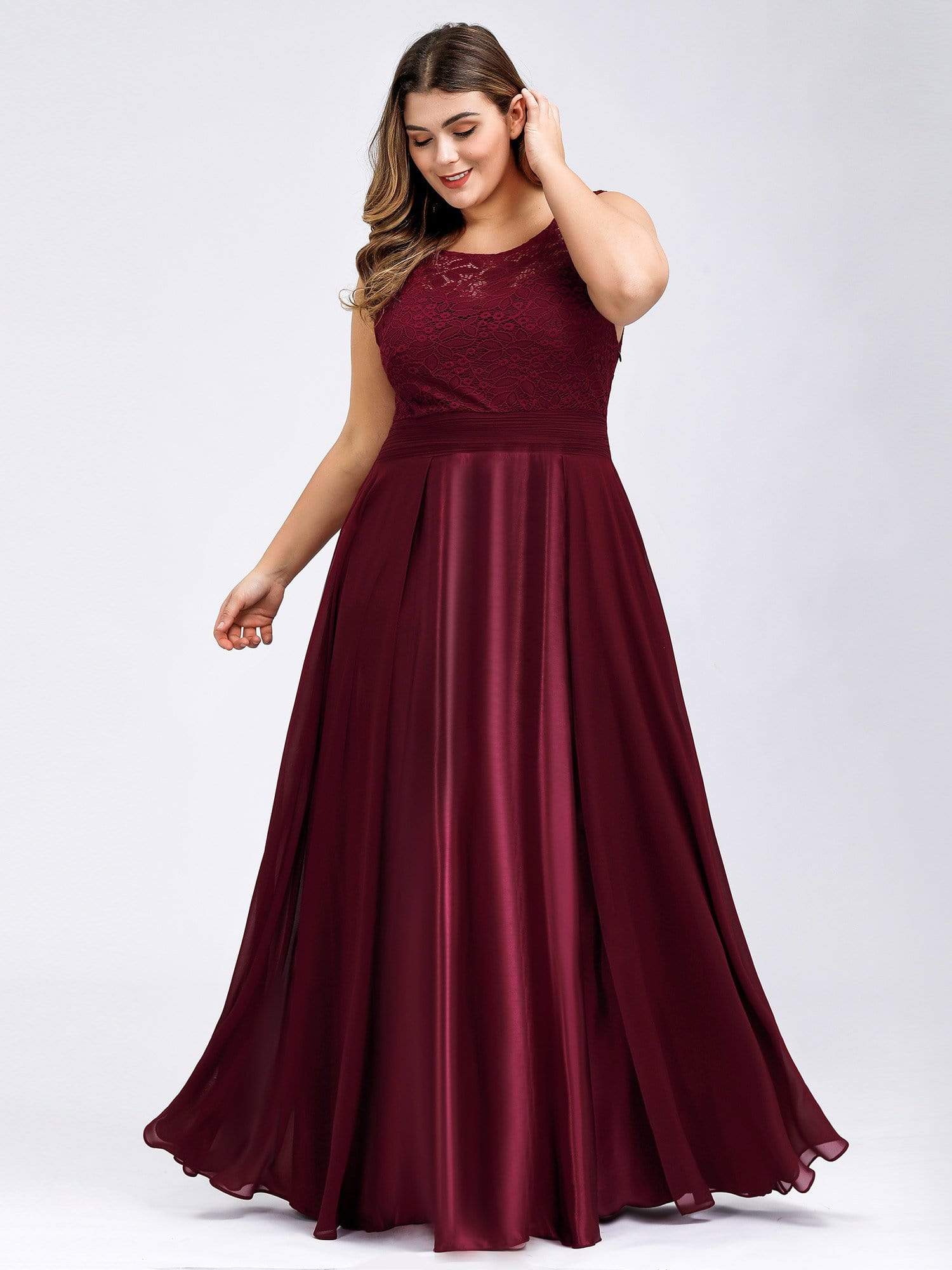 Color=Burgundy | Round Neck Empire Waist Lace Dresses For Women-Burgundy 8