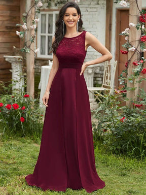 Color=Burgundy | Round Neck Empire Waist Lace Dresses For Women-Burgundy 1