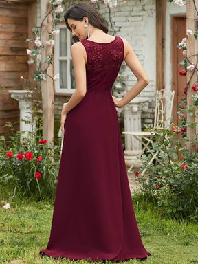 Color=Burgundy | Round Neck Empire Waist Lace Dresses For Women-Burgundy 2