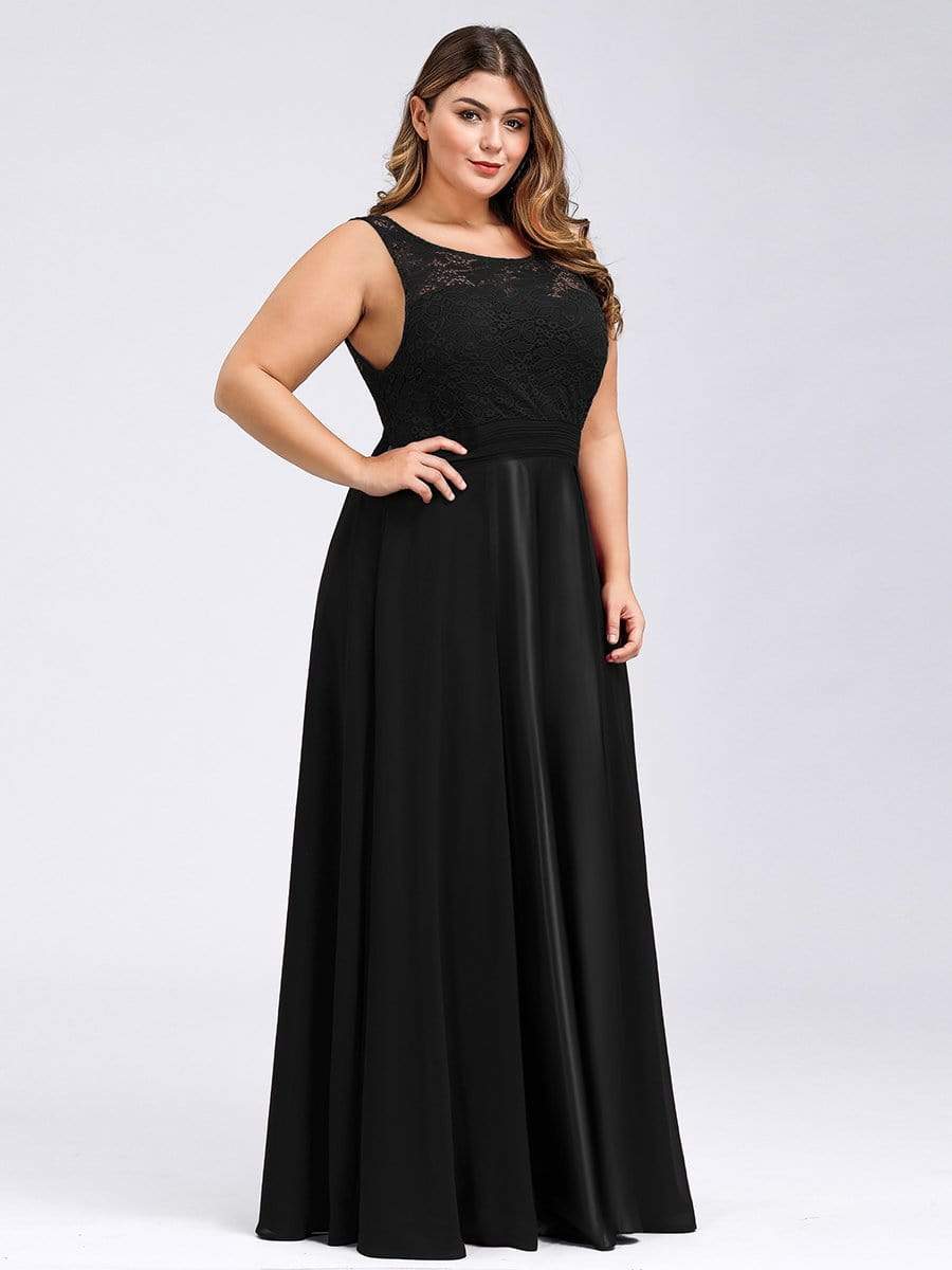 COLOR=Black | Plus Size Round Neck Empire Waist Lace Dresses For Women-Black 4