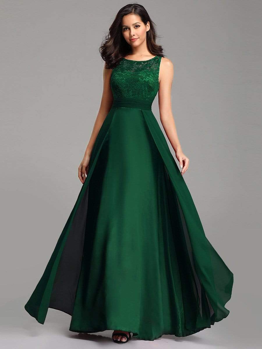COLOR=Dark Green | Round Neck Empire Waist Lace Dresses For Women-Dark Green 1
