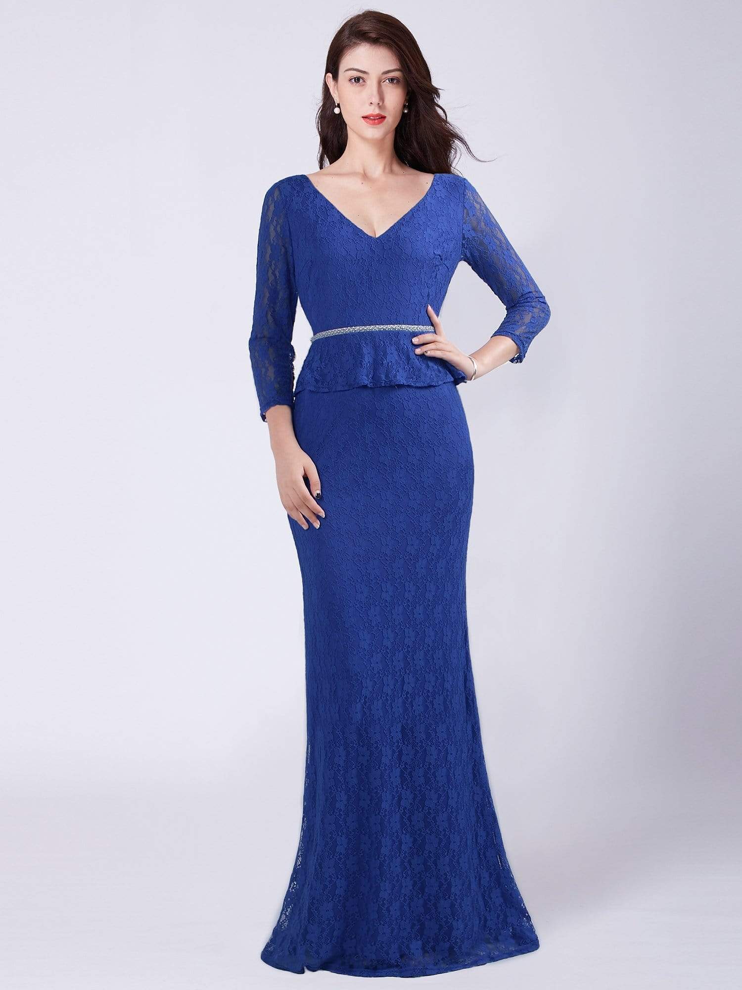 Color=Sapphire Blue | Long Sleeve Floor Length Lace Evening Dress-Sapphire Blue 1