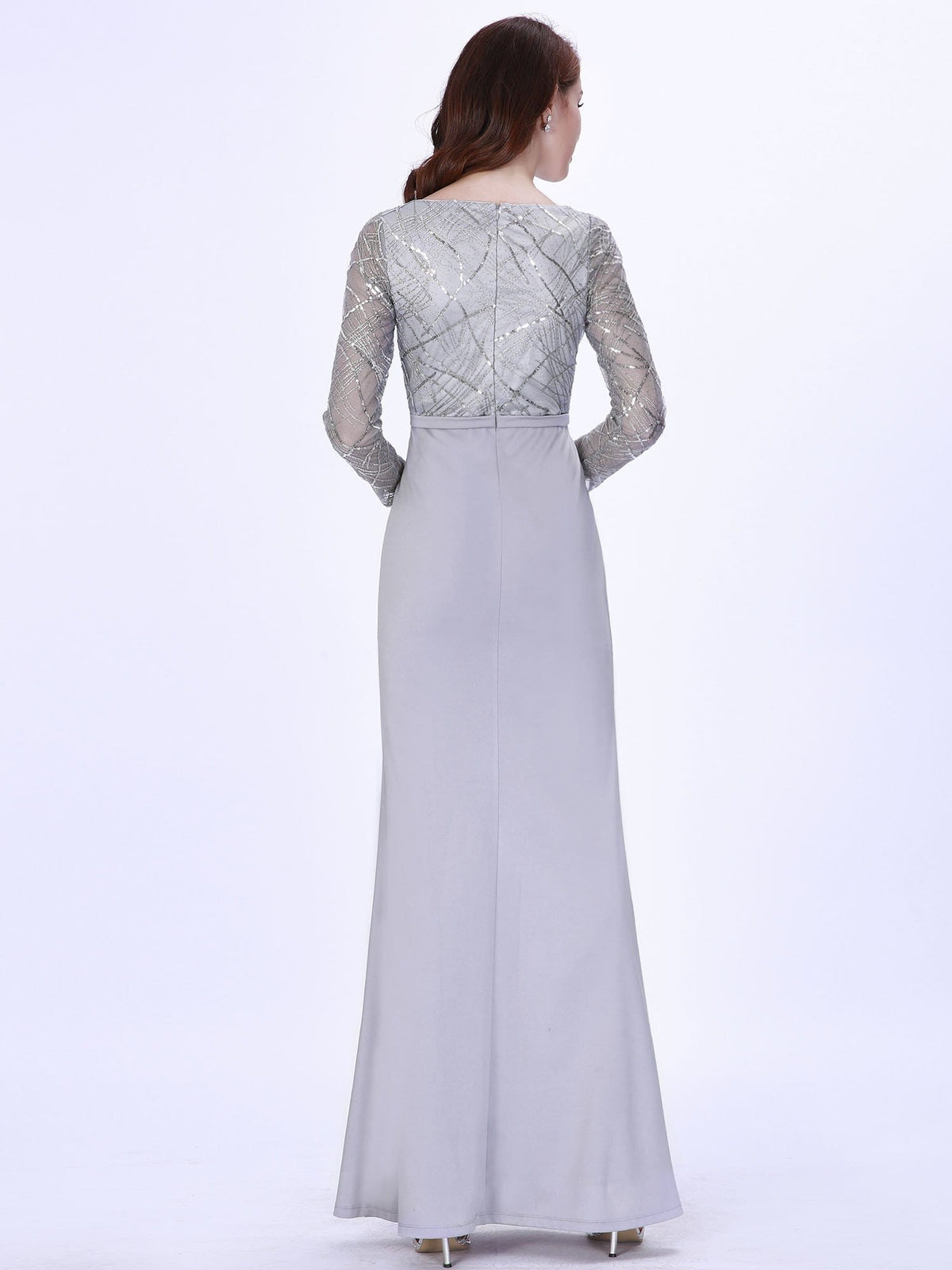 Color=Grey | Elegant V-Neck Long Sleeve Sequined Formal Evening Dress-Grey 2
