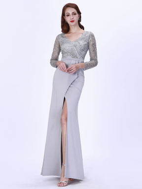 Color=Grey | Elegant V-Neck Long Sleeve Sequined Formal Evening Dress-Grey 3