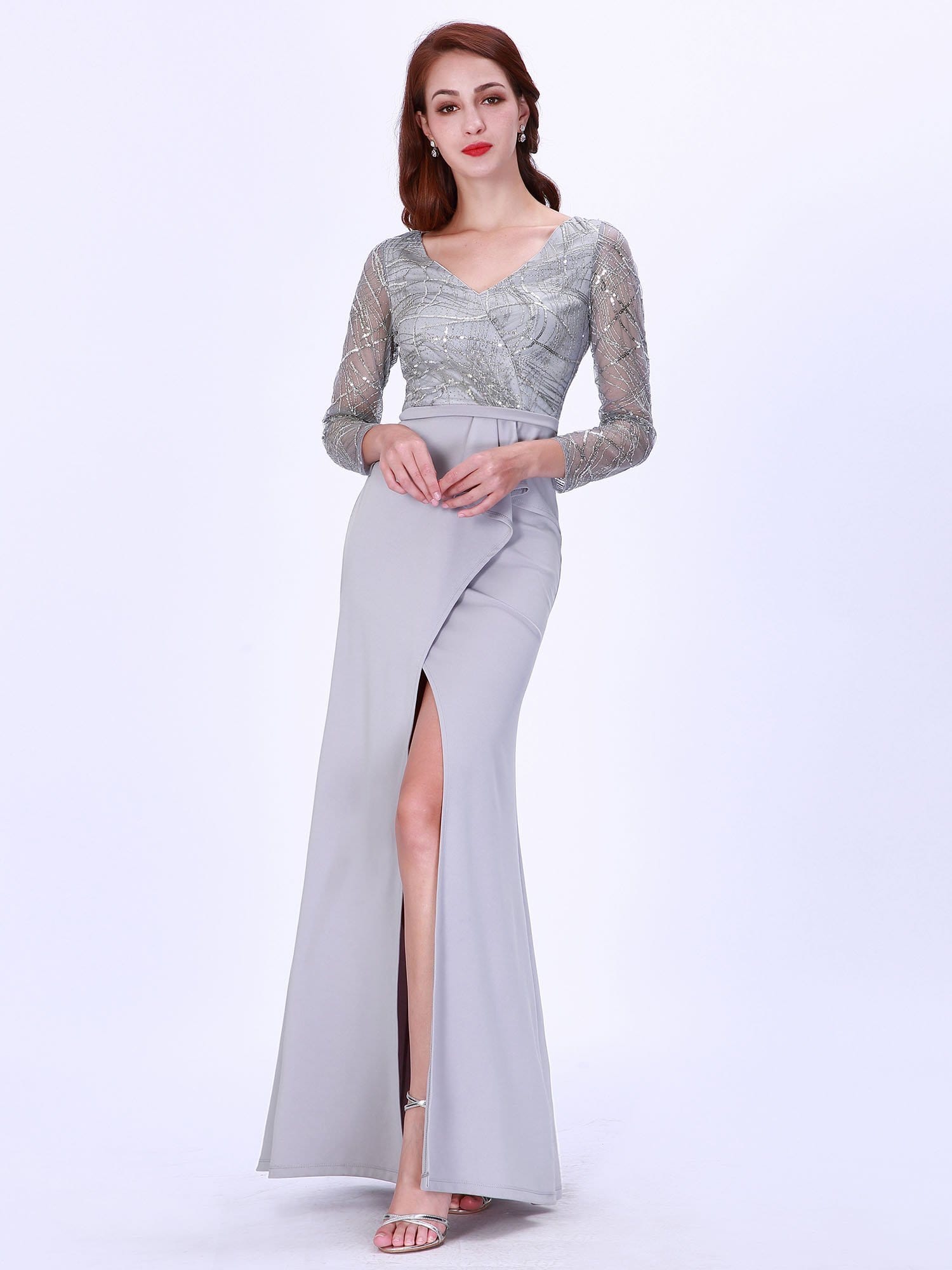 Color=Grey | Elegant V-Neck Long Sleeve Sequined Formal Evening Dress-Grey 4