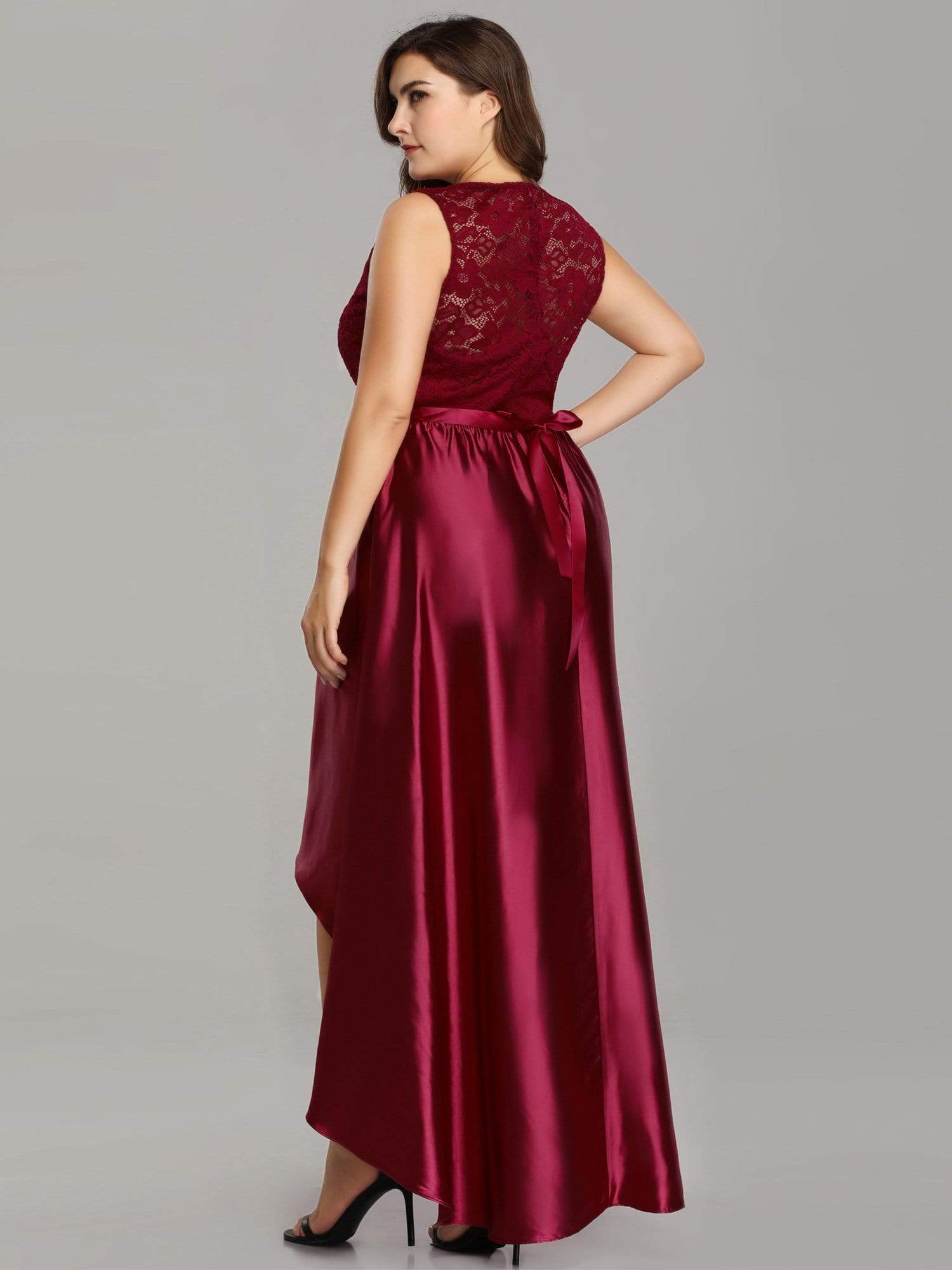 Color=Burgundy | Plus Size High Low Lace & Satin Party Dress-Burgundy 4