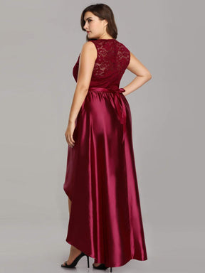Color=Burgundy | Plus Size High Low Lace & Satin Party Dress-Burgundy 4